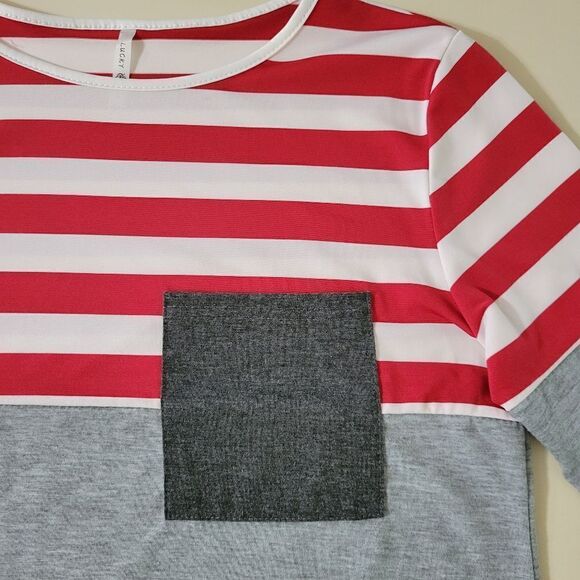 Lucky Red White Stripe Colorblock Long Sleeve Blouse Top - Picture 11 of 13
